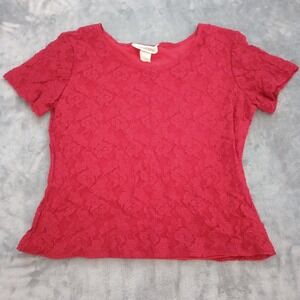 Vintage Lace Overlay Blouse Shirt Top Womens Size Large Red USA Stretch Holiday
